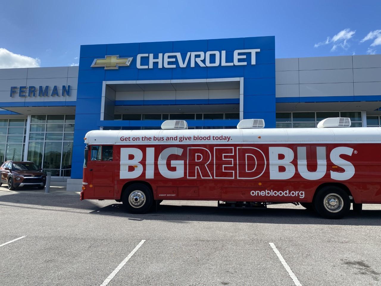Give Blood today on the big red bus | oneblood.org | at Ferman Chevrolet of Tarpon Springs
