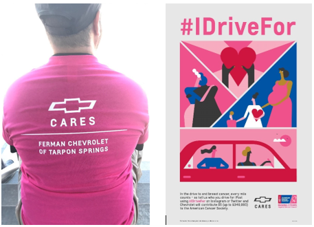 Combined Photo - Back of Pink Chevy Cares Shirt & Info on !DriveFor Sign
