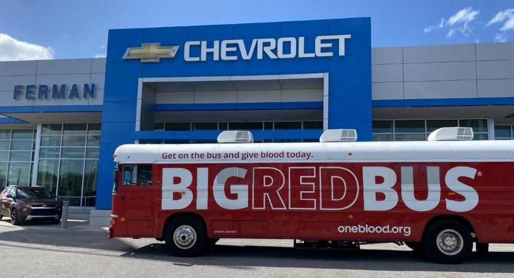 One Blood donation Bus in front of Ferman Chevrolet of Tarpon Springs