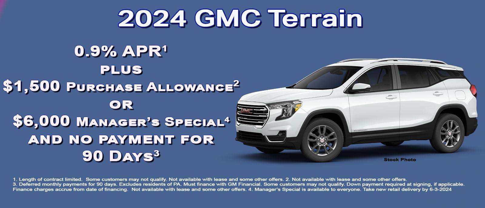 Save up to $6,000 with no payments for 90 days on your new GMC Terrain