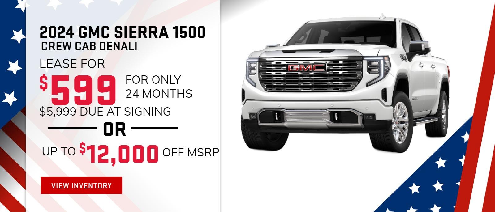 2024 GMC SIERRA ELEVATION 4WD CREW CAB
$599 Per month / For Only 24 months / $5,999 Due at Signing
$12,000 OFF MSRP