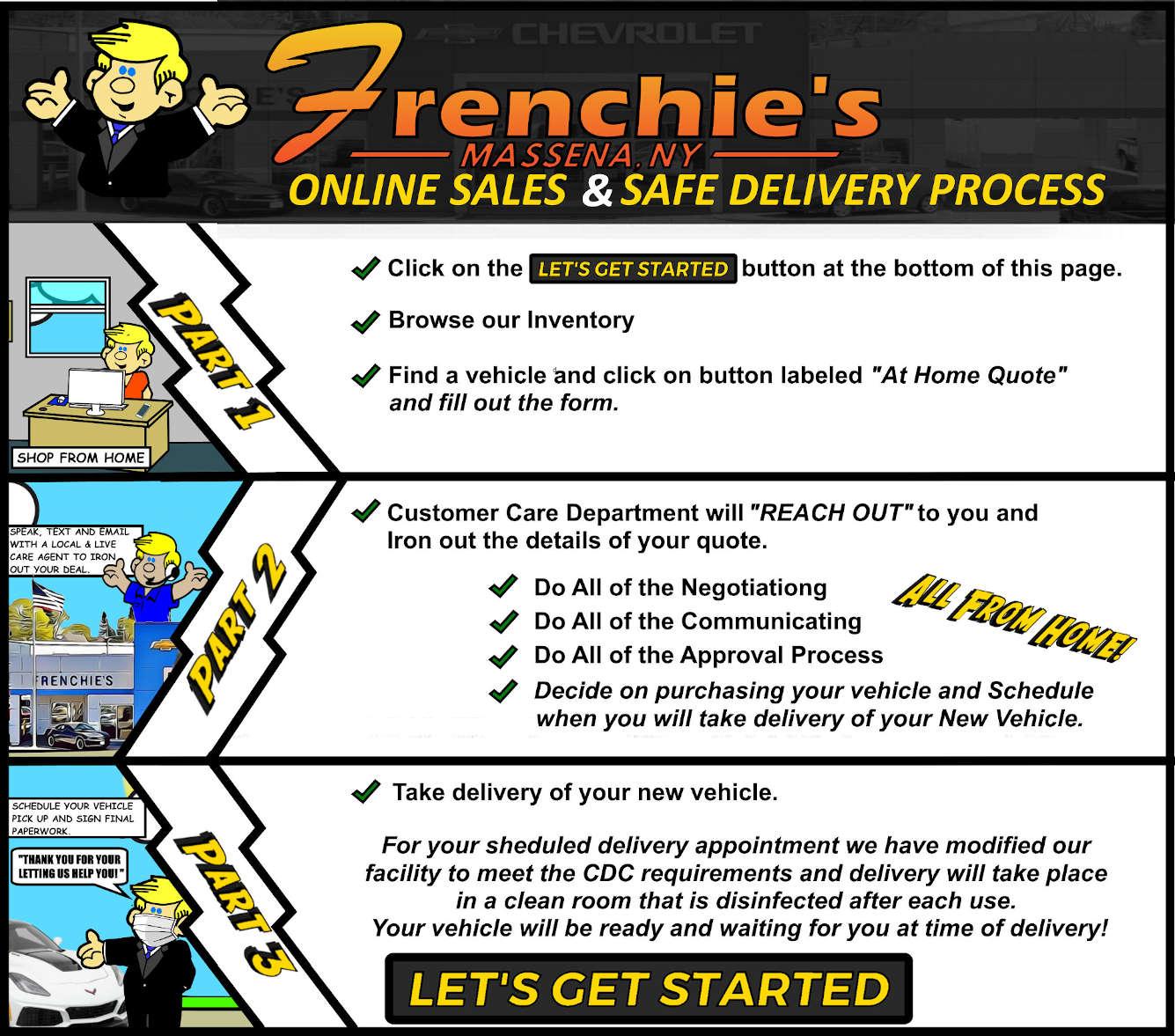 Frenchies - Online Sales & Safe Delivery Process | Part 1: Click on let's get started at the bottom of the page. Browse our inventory, find a vehicle and click on the button labeled "At Home Quote" and fill out the form. | Part 2: The customer care department will reach out to you and iron out the details of your quote. Do all the negotiating, communicating, and approval process all from home. Decide on purchasing your vehicle and schedule when you will take delivery of you new vehicle. | Part 3: take delivery of your new vehicle. For your scheduled delivery appointment we have modified our facility to meet the CDC requirements and delivery will take place in a clean room that is disinfected after each use. Your vehicle will be ready and waiting for you at time of delivery.