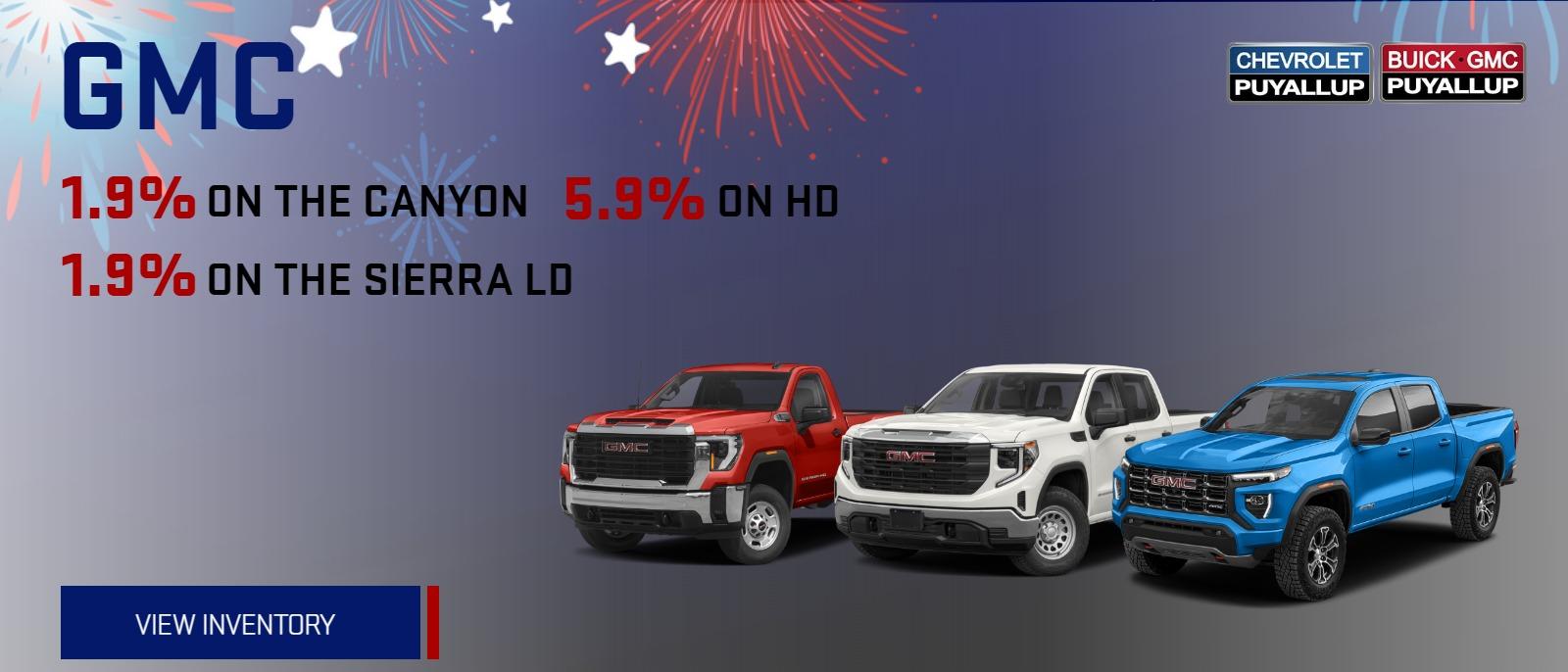 o GMC: 1.9% on the Canyon, 1.9 % on the Sierra LD, 5.9% on HD