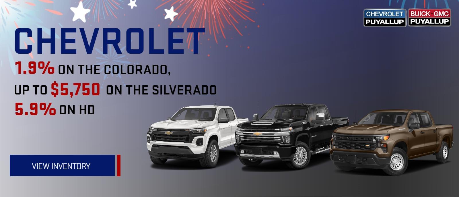 o Chevrolet: 1.9% on the Colorado, up to $5,750 on the Silverado (breakdown screenshotted below), 5.9% on HD