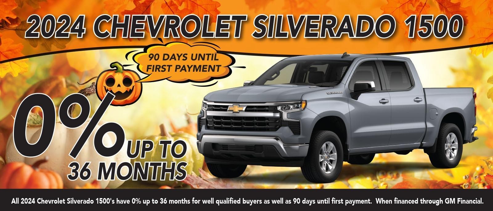 2024 Chevrolet Silverado 1500
0% Up to 36 months
90 days until first payment