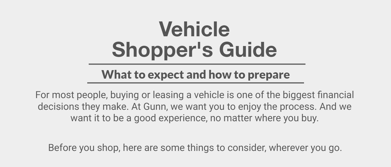 Vehicle
Shopper's Guide
What to expect and how to prepare
For most people, buying or leasing a vehicle is one of the biggest financial decisions they make. At Gunn, we want you to enjoy the process. And we want it to be a good experience, no matter where you buy.

Before you shop, here are some things to consider, wherever you go.