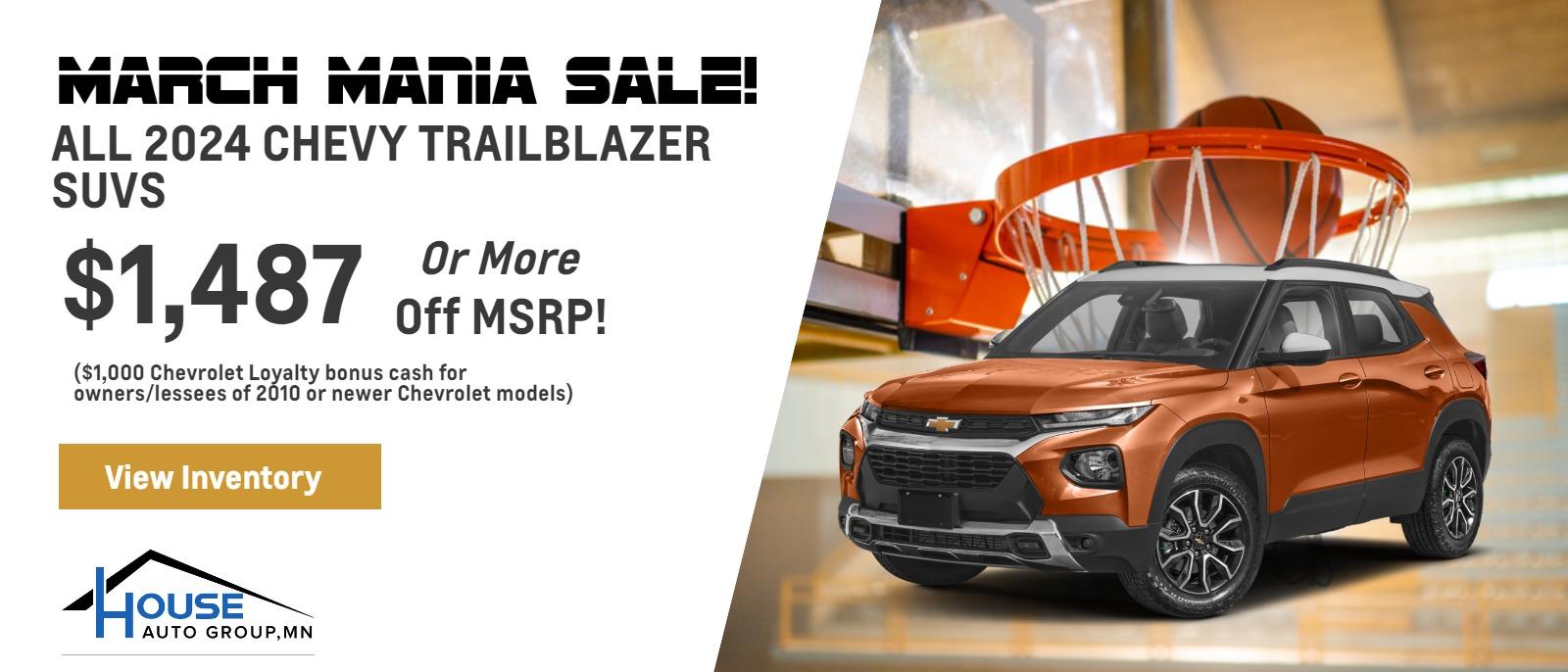 ALL 2023 Chevy Trailblazer SUVs - $1,487 or more Off MSRP! ($1,000 Chevrolet Loyalty bonus cash for owners/lessees of 2010 or newer Chevrolet models)