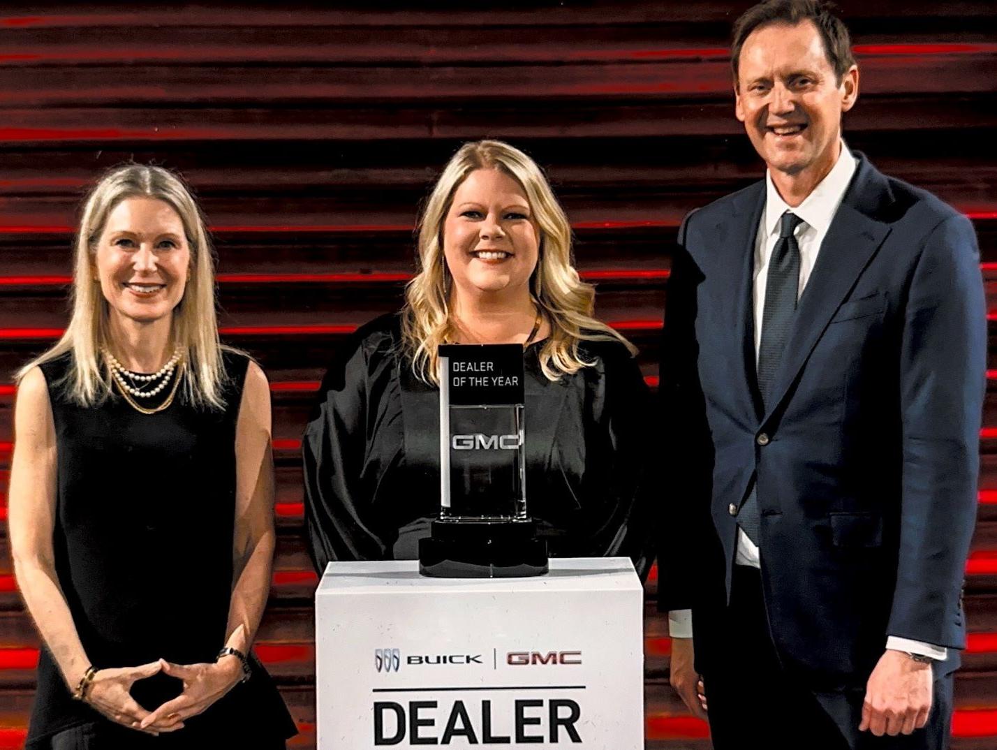 From left, Molly Peck, chief transformation officer, General Motors; Taylor Bentley Conner, general manager, Howard Bentley Buick GMC of Albertville; and Duncan Aldred, global vice president of Buick and GMC, in London on April 24 during the 2023 Dealer of the Year award presentation.