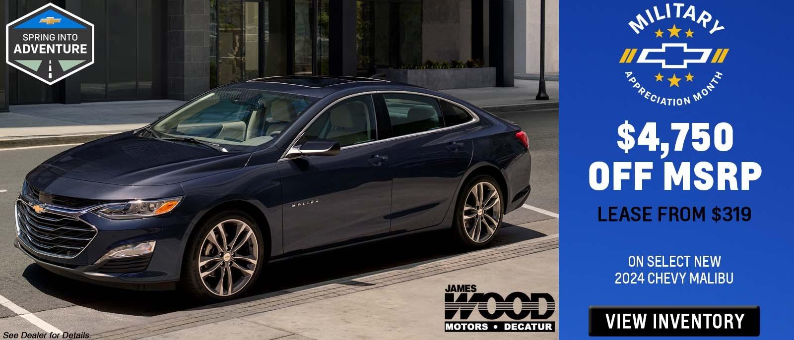 Get $4,750 Off MSRP or Lease from $319 on Select 2024 Chevy Malibu at James Wood Decatur Ft Worth Texas