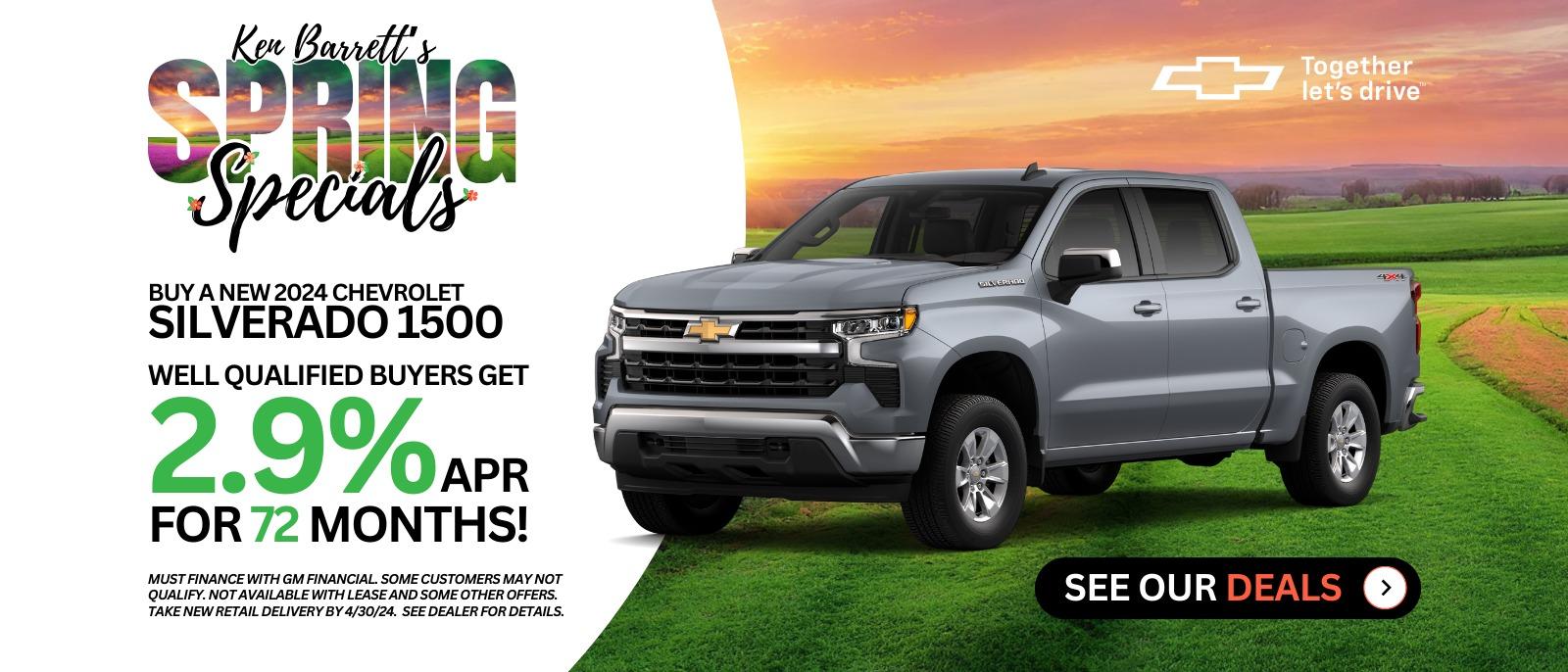 Ken Barrett's Spring Specials new deals on new Chevrolets in Batavia NY.  Find the Chevy deal for you.  Check out the new car deal on this brand new Chevrolet Silverado 1500