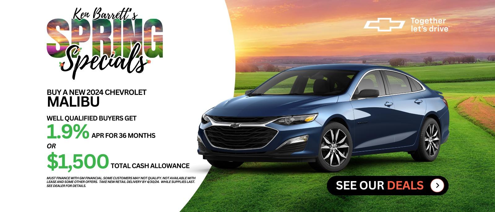 Ken Barrett's Spring Specials new deals on new Chevrolets in Batavia NY.  Find the Chevy deal for you.  Check out the new car deal on this brand new Chevrolet Malibu