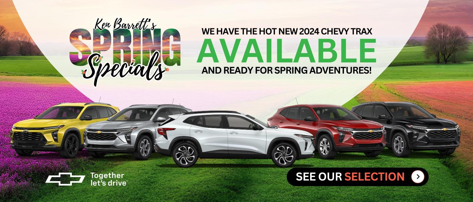 Ken Barrett's Spring Specials new deals on new Chevrolets in Batavia NY.  Find the Chevy deal for you.  Check out the new car deal on this brand new Chevrolet Trax