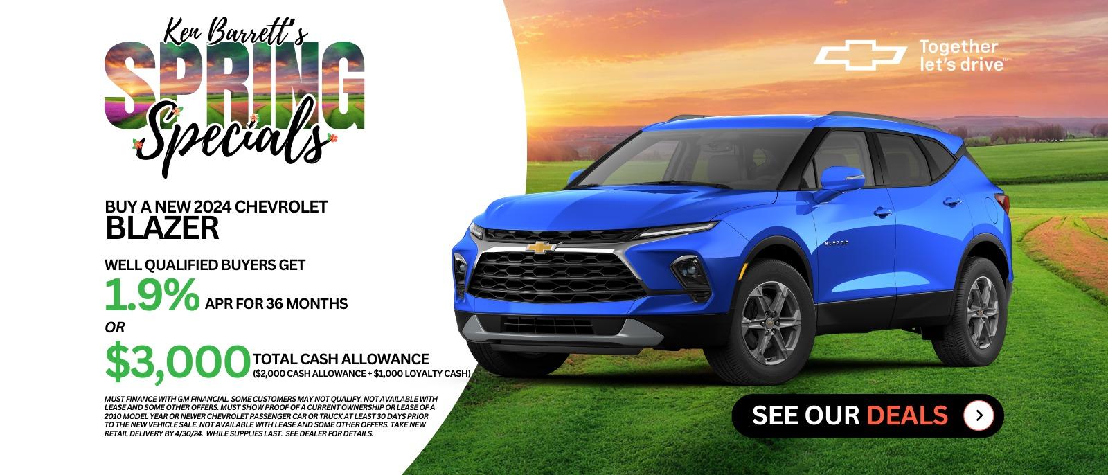 Ken Barrett's Spring Specials new deals on new Chevrolets in Batavia NY.  Find the Chevy deal for you.  Check out the new car deal on this brand new Chevrolet Blazer