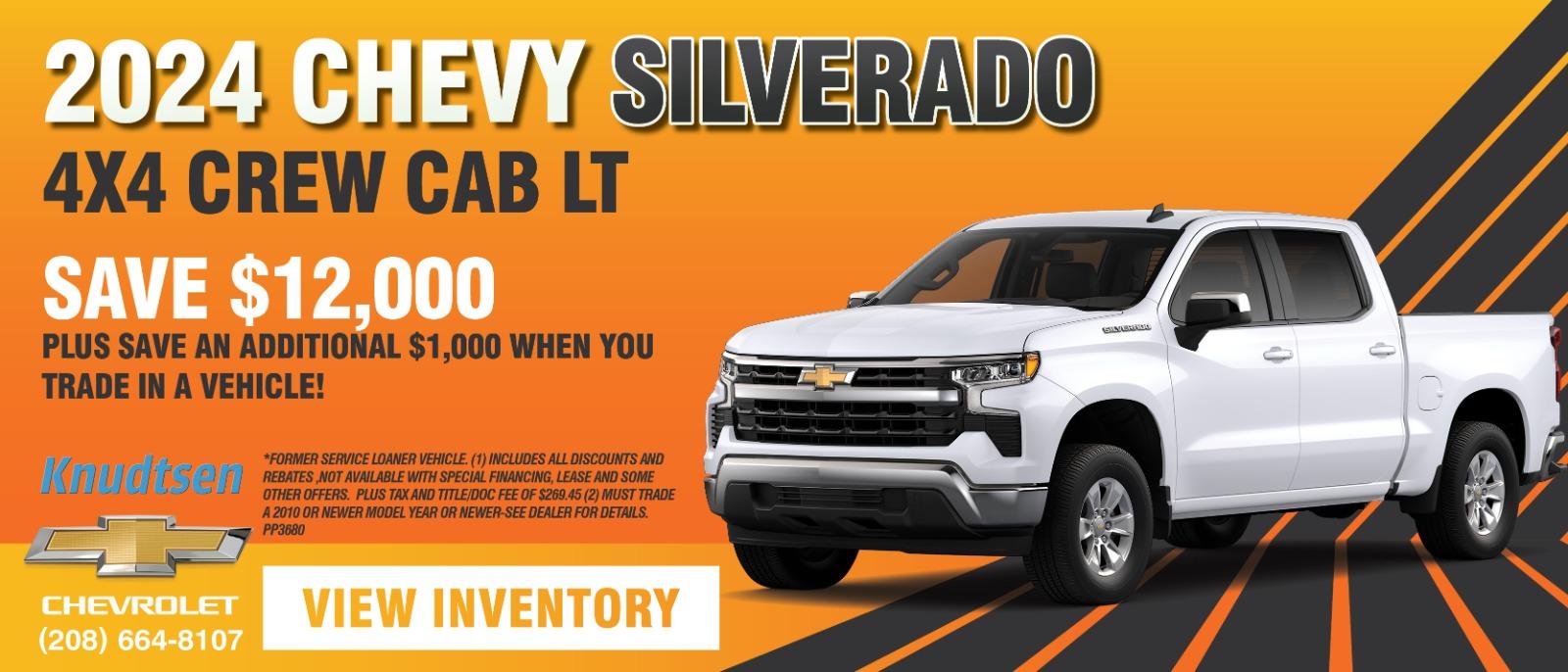 2024 CHEVY SILVERADO 4X4 CREW CAB LT 
SAVE $12,000 PLUS SAVE AN ADDITIONAL $1,000 WHEN YOU TRADE IN A VEHICLE!