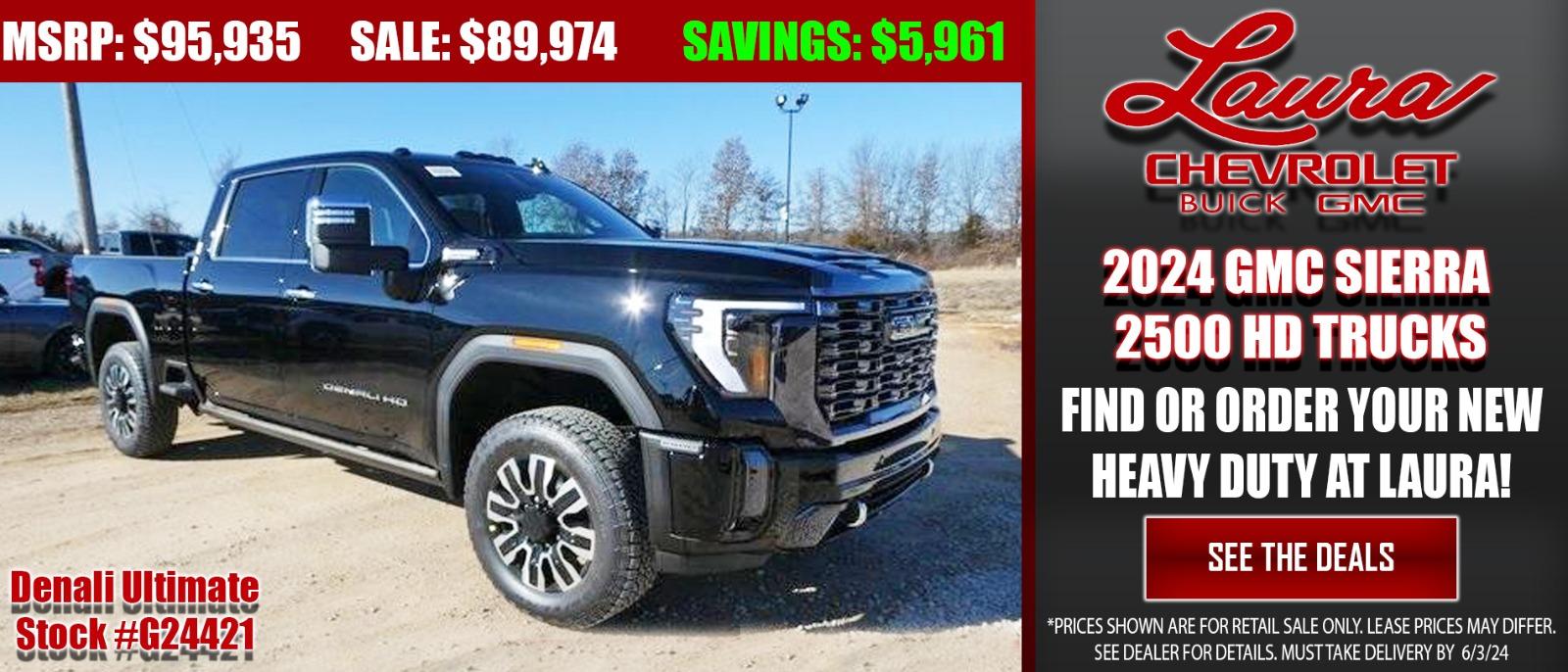 Find or order your new 2023 GMC Sierra 2500HD pickup this month at Laura Chevrolet Buick GMC, just a short drive from St. Louis!