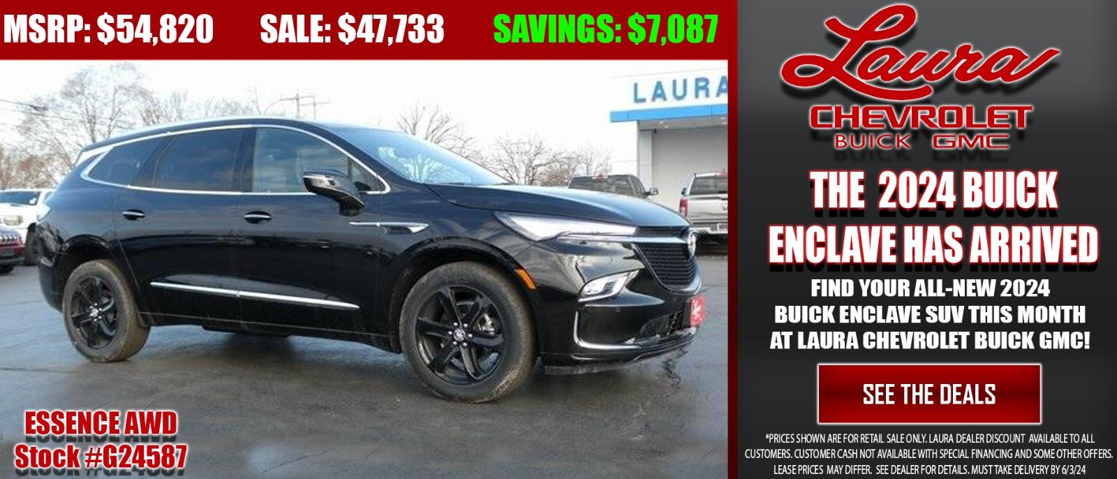 Save BIG on your new 2024 Buick Enclave SUV this month at Laura Chevrolet Buick GMC!