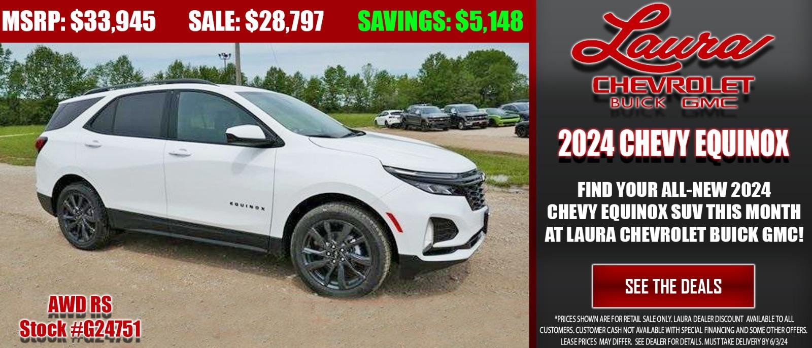 Find your new 2024 Chevy Equinox SUV at the best price this month at Laura Chevrolet Buick GMC
