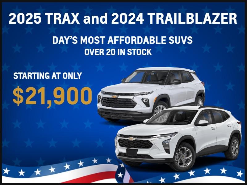 2025 Trax and 2024 Trailblazer
Day’s Most Affordable SUVs
Over 20 in Stock
Starting at Only $21,900