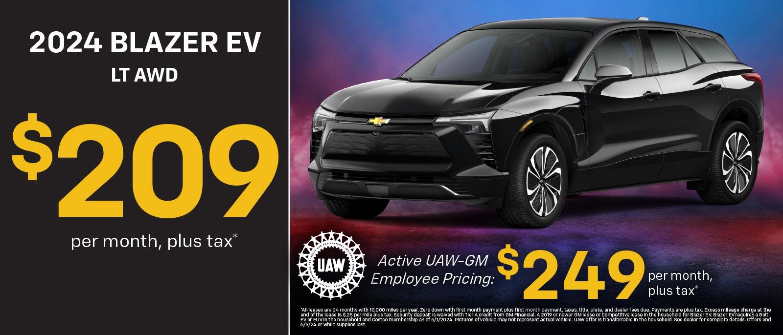 2024 Blazer EV LT AWD
$209 per month, plus tax*
Active UAW-GM Employee Pricing: $249 per month plus tax*