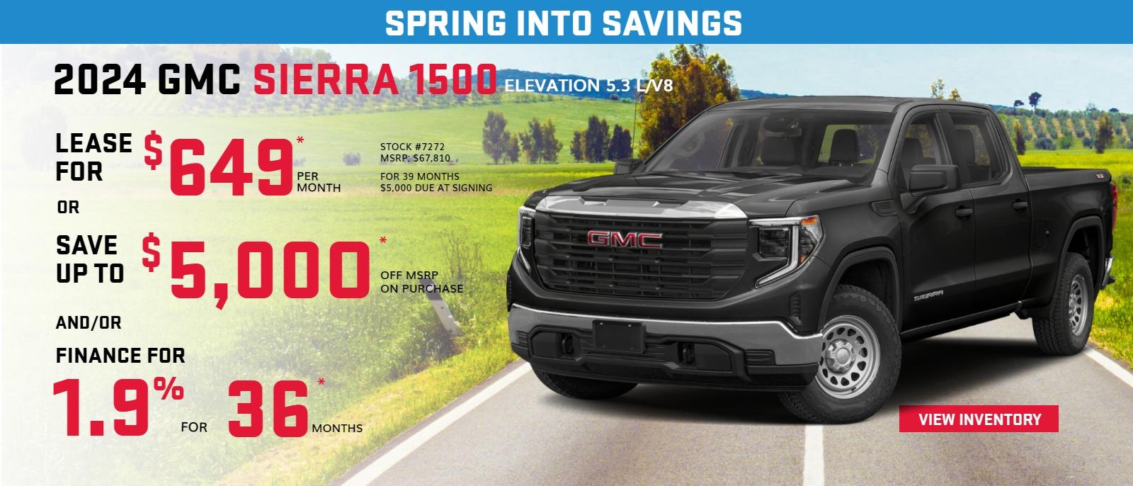 2024 GMC Sierra 1500 Elevation 5.3L/V8
(with Elevation Premium Pkg, Sunroof and X31 Off-Road Pkg)
Stock #7272
MSRP $67,810
Lease $649*/39 Mos.

Disclosure Popup:
*$5,000 Downpayment
*$3,000 McGuire Discount
*$2,250 Buick GMC Loyalty
*$500 1st Responder or Military

OR

Save Up to $5,000*
Disclosure Popup:
*$3,000 McGuire Discount
*$2,000 GMC Purchase Cash
*$500 1st Responder or Military

OR

Finance 1.90%-36months
Disclosure Popup:
*$3,000 McGuire Discount
*$500 1st Responder or Military