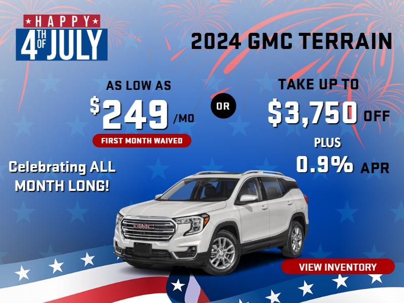 2024 GMC Terrain  

stock G2431
take up to $3750 OFF   
plus 0.9%  FINANCE
     
OR          
AS LOW AS   
 $ 249/MO    ( first month waived)