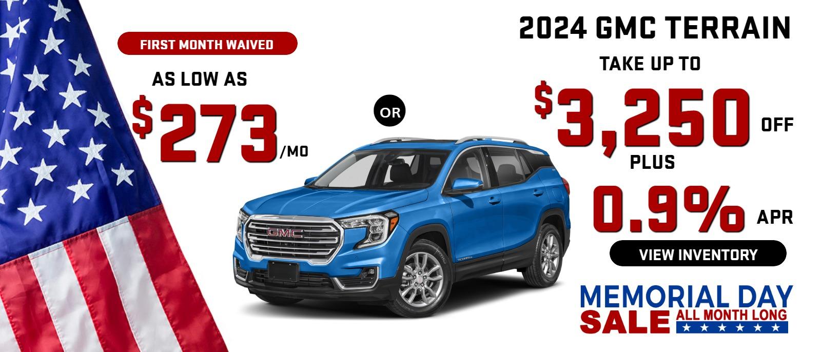 2024 Terrain 

stock G3611
take up to $3250 OFF & 0.9% finance

Or
AS LOW AS 
$273/MO (first month waived)