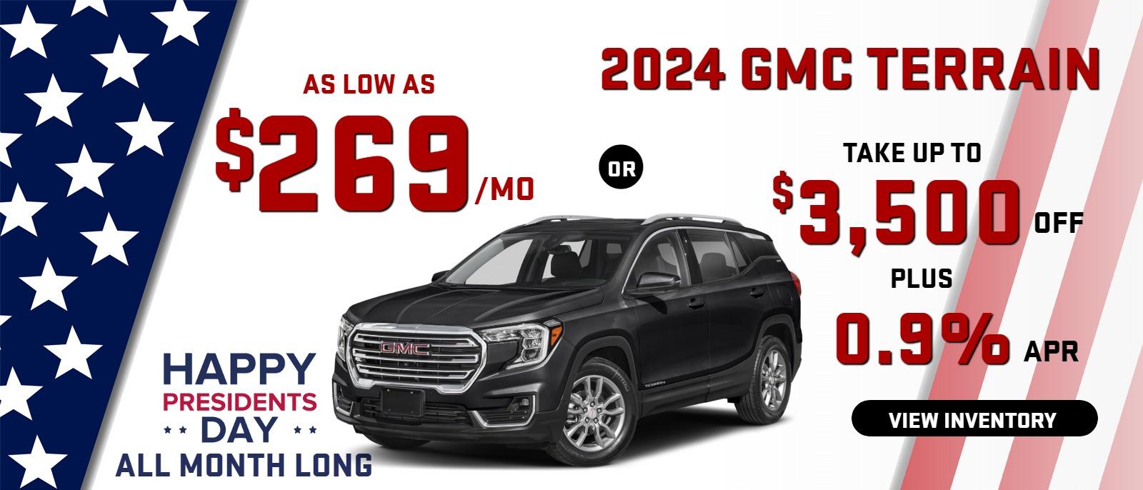 2024 Terrain
stock G2966
take up to $3500 OFF 
OR 
AS LOW AS
$ 269/MO
& 0.9% FINANCE