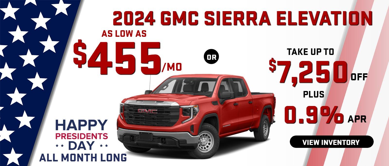 2024 sierra elevation
Stock G3223
AS LOW AS
 $455/mo
or
take up to $7250 OFF
PLUS 
0.9 % finance