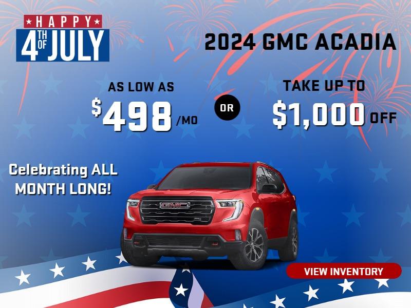 2024 GMC Acadia
Stock G4852

Take up to 
$1000 OFF        
OR 
AS LOW AS
$498/mo