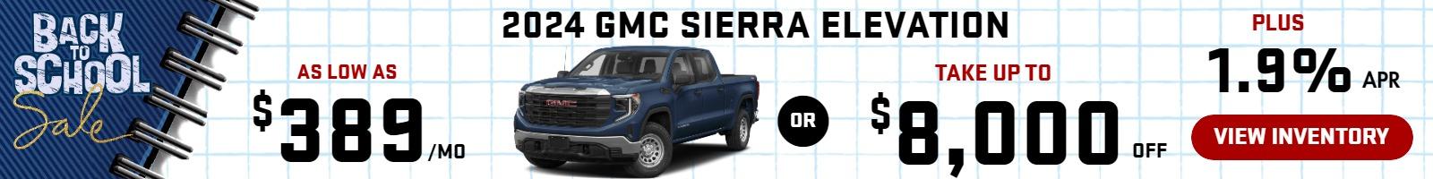 2024 sierra elevation
Stock GA3722

AS LOW AS $389/mo
or 
take up to 
$8000 OFF

PLUS 
1.9 % finance