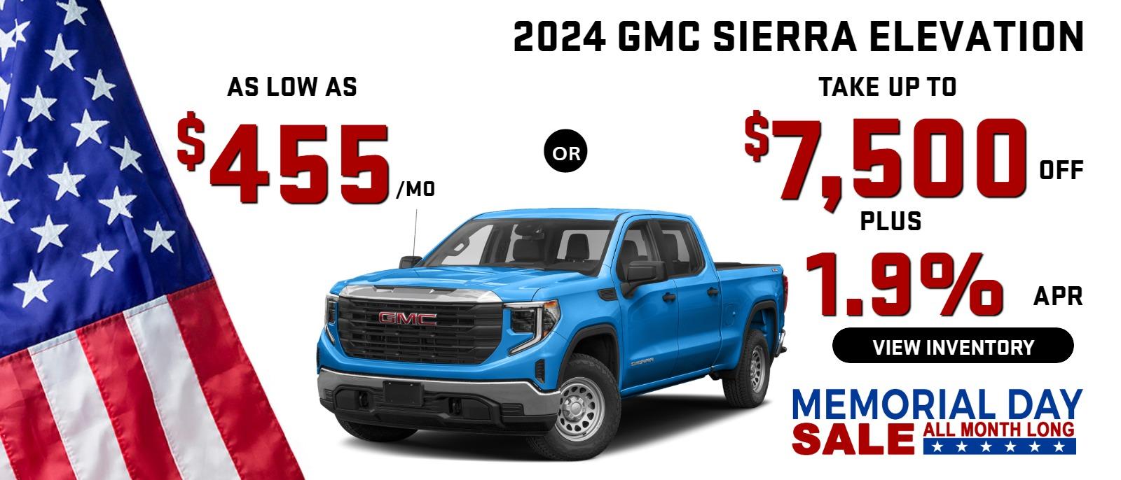 2024 sierra elevation
Stock G2404

AS LOW AS $455/mo
or
take up to $7500 OFF
PLUS 
1.9 % finance