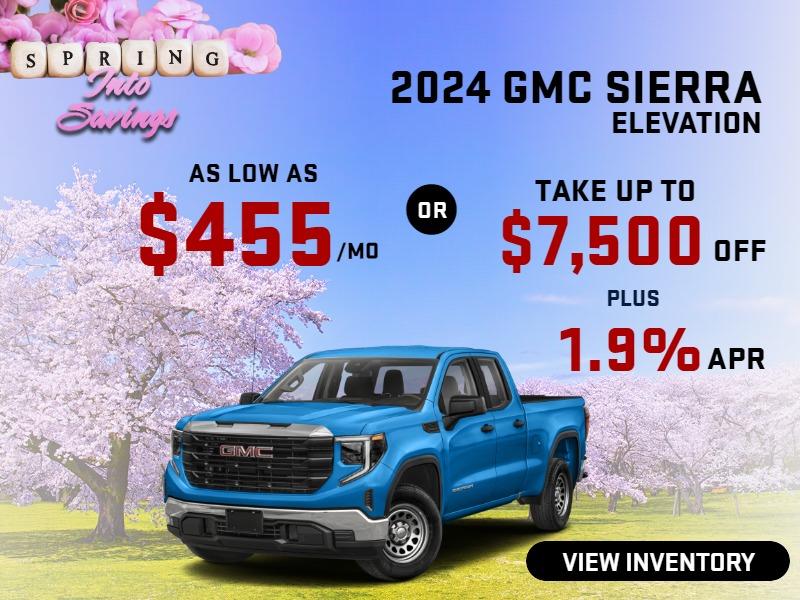2024 Sierra Elevation
Stock G2404
AS LOW AS $455/mo
or
take up to $7500 OFF
PLUS 
1.9 % finance