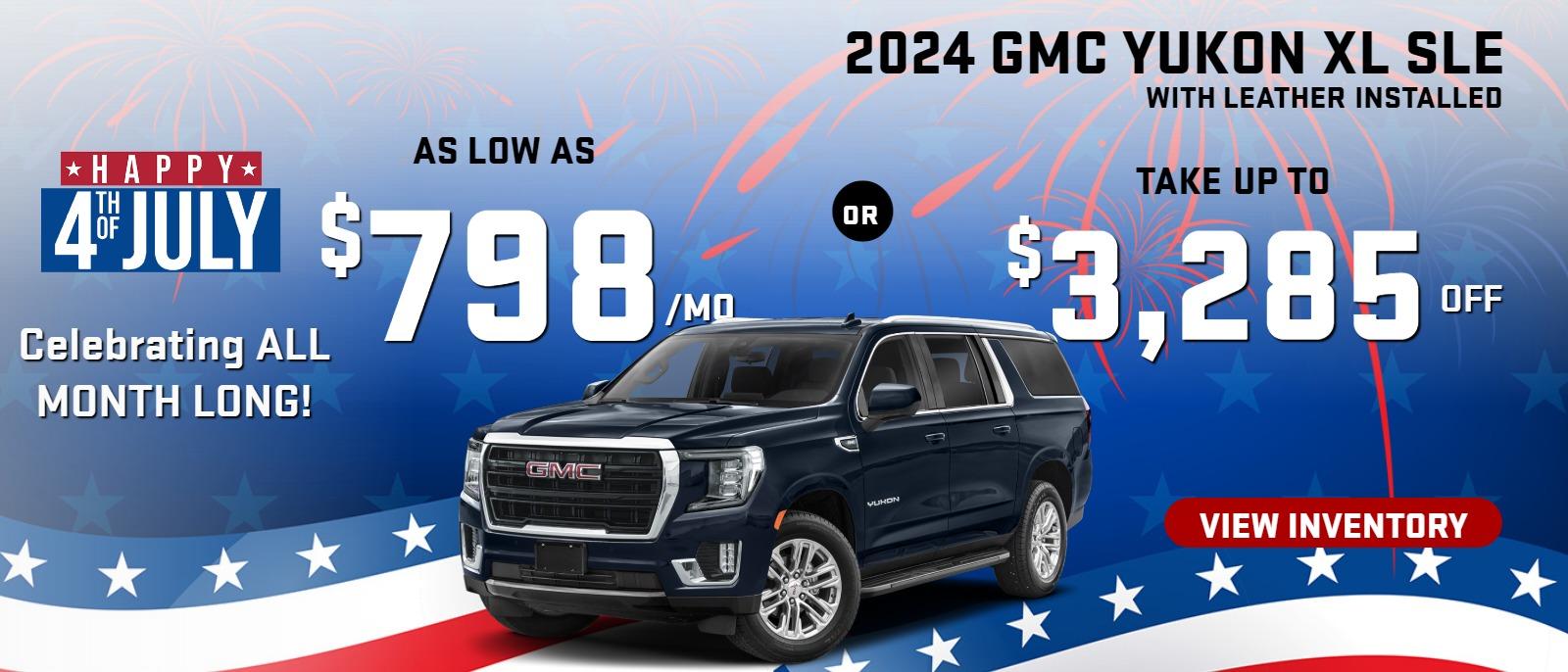 2024 Yukon XL SLE 
(WITH LEATHER INSTALLED) 
 Stock G6929     
 
Take up to 
$3,285 OFF

OR 

AS LOW AS
$798/mo