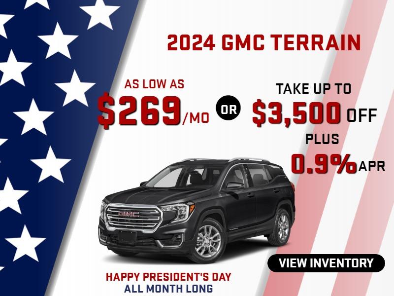2024 Terrain
stock G2966
take up to $3500 OFF
OR 
AS LOW AS
$269/MO
& 0.9% FINANCE
