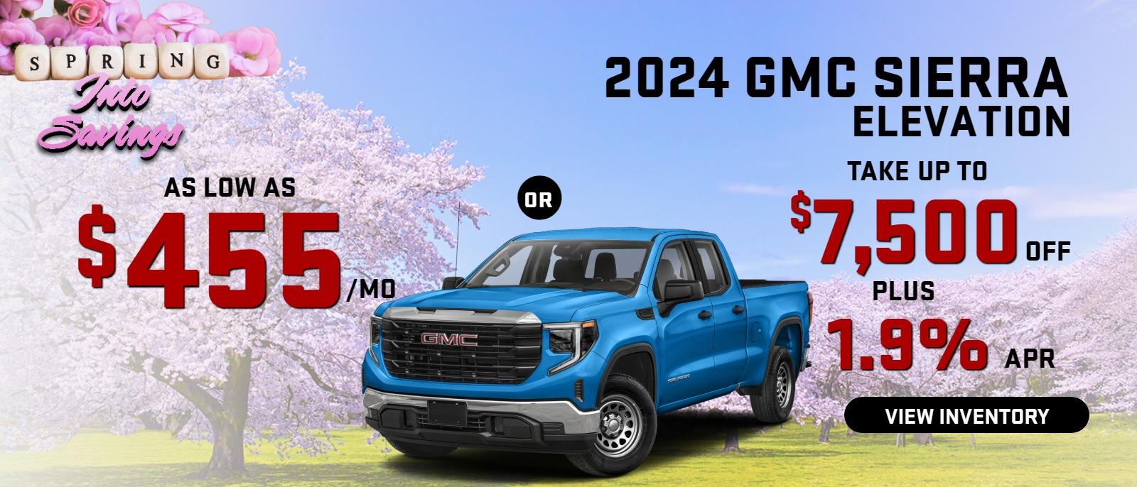 2024 sierra elevation
Stock G2404
AS LOW AS $455/mo
or
take up to $7500 OFF
PLUS 
1.9 % finance