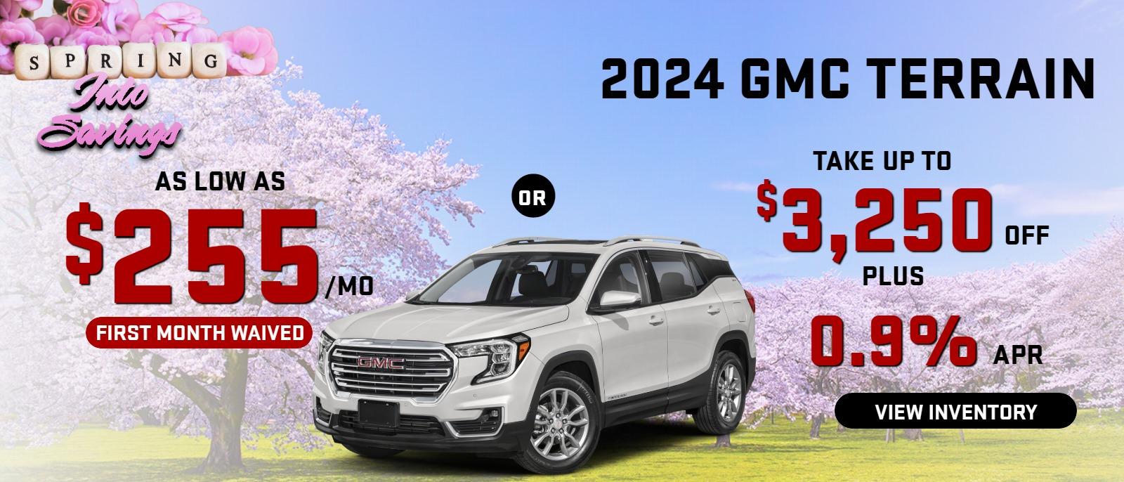 2024 Terrain
stock G2966

take up to $3250 OFF 
& 0.9% FINANCE
OR AS LOW AS 
$ 255/MO
 (first month waived)
