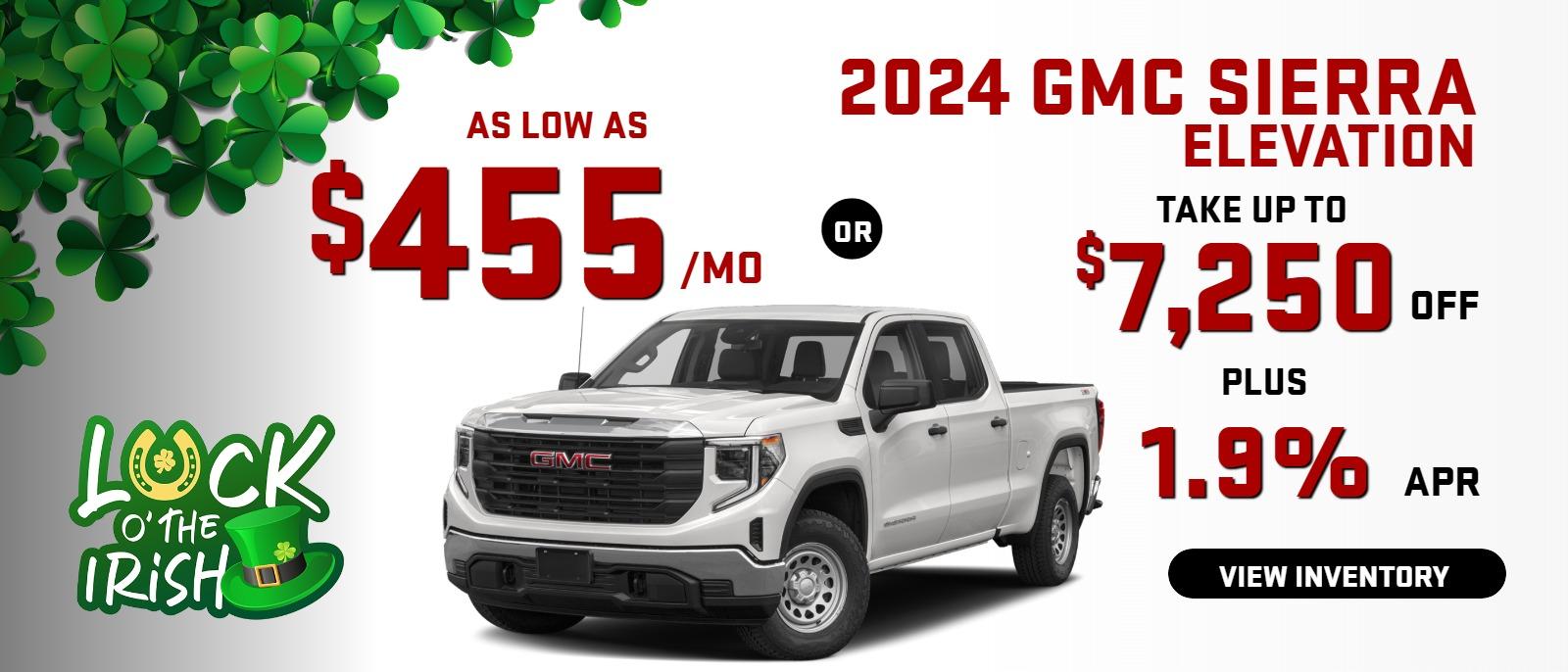 2024 GMC Sierra Elevation
Stock G2404

AS LOW AS $455/mo
OR
take up to $7250 OFF
PLUS 
1.9 % finance