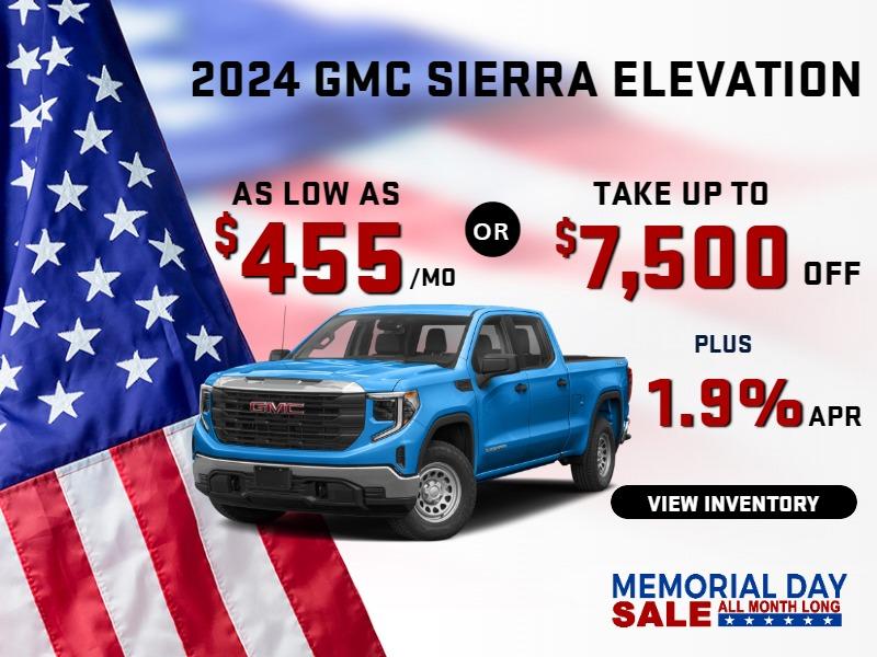 2024 sierra elevation
Stock G2404

AS LOW AS $455/mo
or
take up to $7500 OFF
PLUS 
1.9 % finance