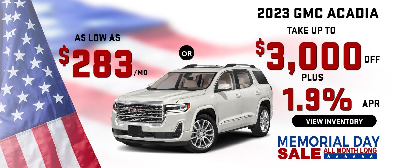 2023 GMC Acadia
Stock G6065

take up to $3000 OFF
OR 
$283/mo
& 
1.9% finance
