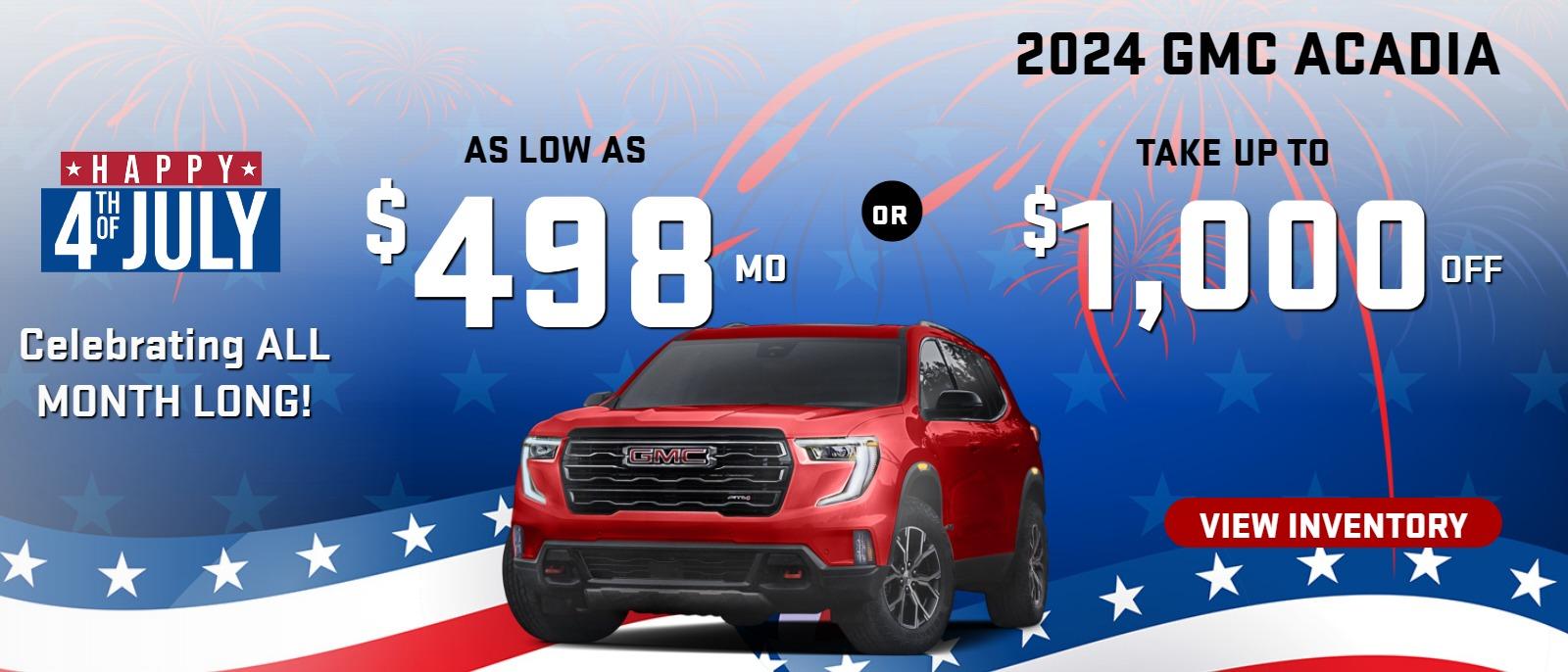 2024 GMC Acadia
Stock G4852

Take up to 
$1000 OFF        
OR 
AS LOW AS
$498/mo