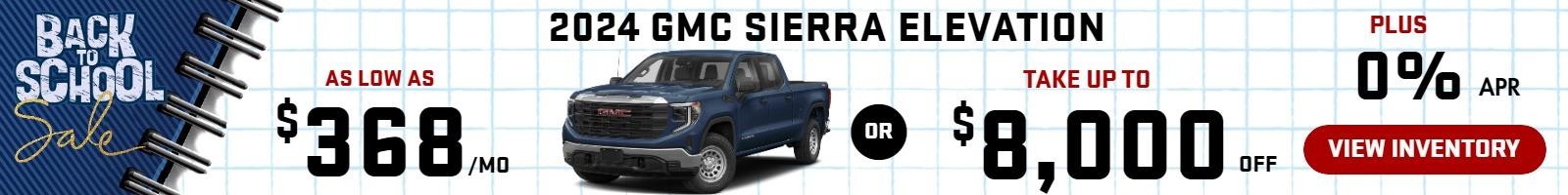 2024 sierra elevation
Stock GA3722

AS LOW AS $368/mo
or 
take up to 
$8000 OFF

PLUS 
0% finance