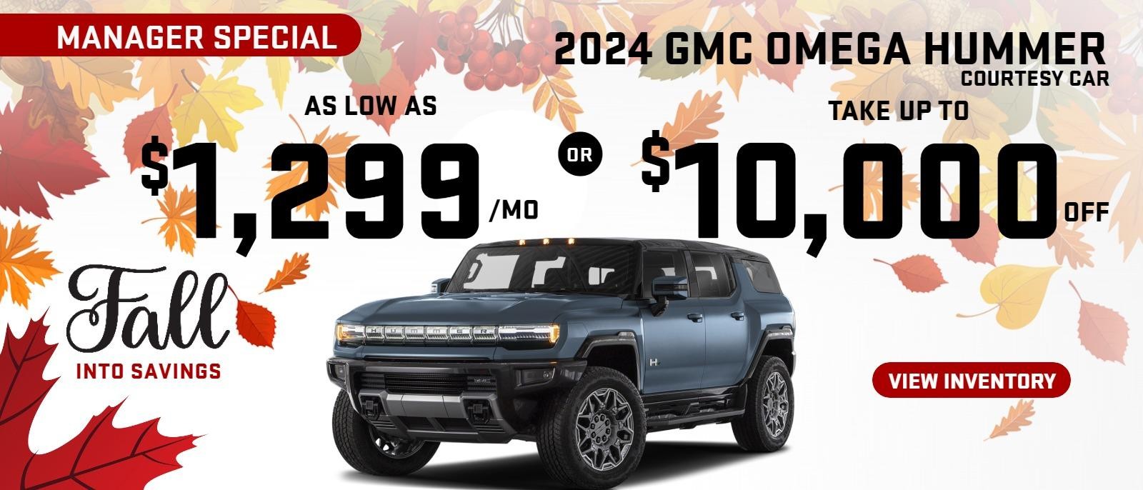 2024 GMC OMEGA Hummer
Courtesy Car Stock G6929

Courtesy car has 250 miles on it
Take up to $10,000 OFF or as low as $1299/mo