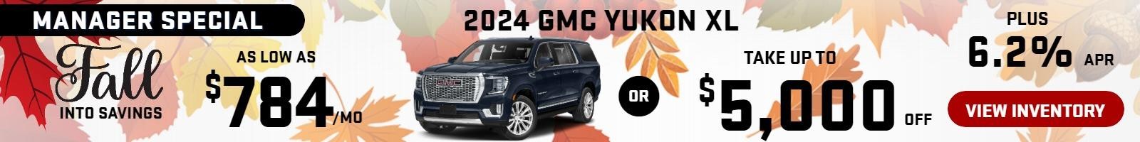 2024 GMC Yukon XL MANAGER SPECIAL
With LEATHER
Stock G6929


take up to $5,000 OFF
plus 6.2% finance

OR  take up to $784 /mo