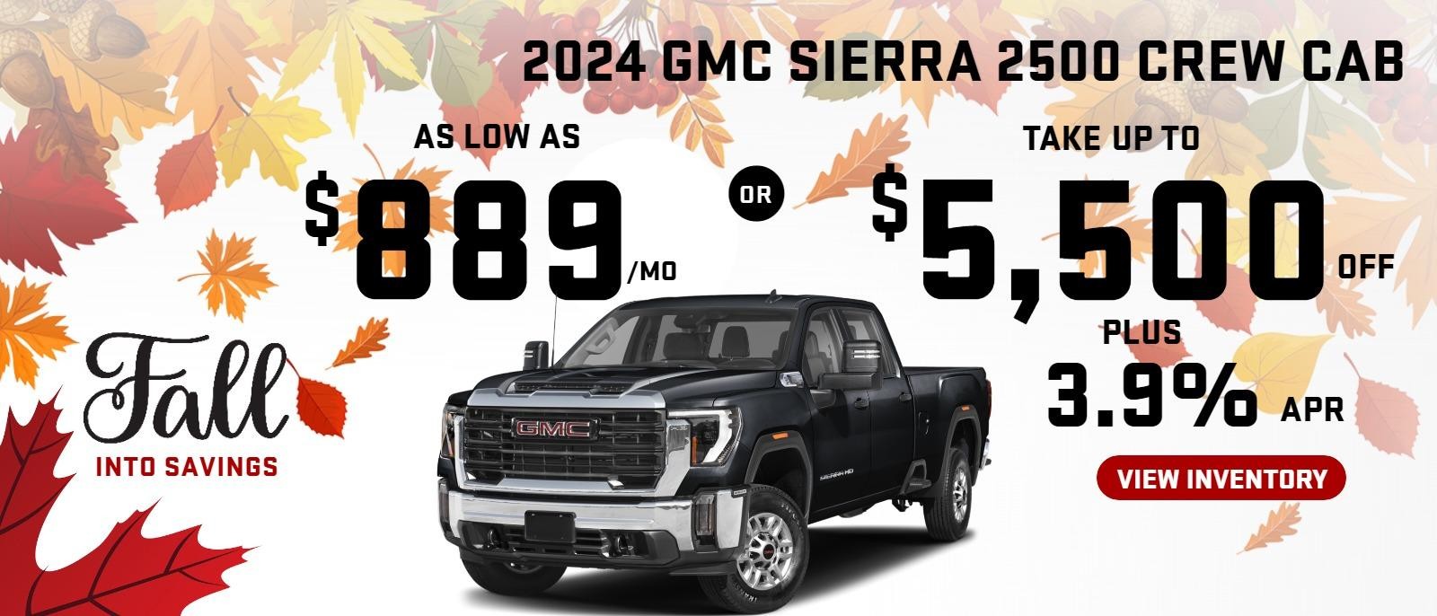 2024 Sierra 2500 CREW Cab
Stock G4053

take up to $5500 OFF
& 3.9% finance

OR AS LOW AS $889/mo