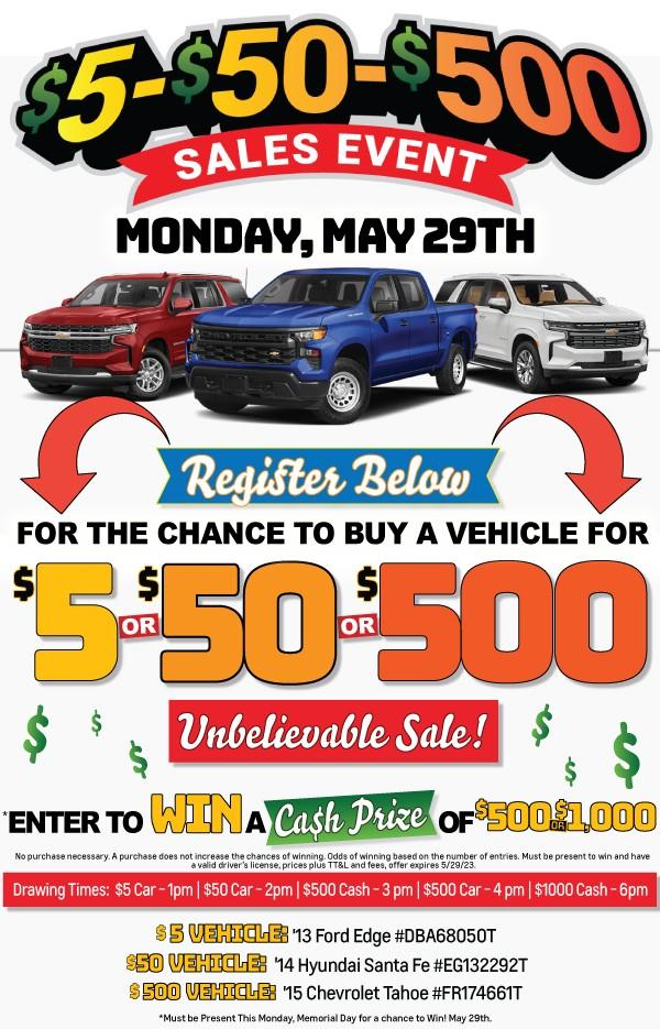 $5-$50-$500 SALES EVENT AT All American Chevrolet of Midland