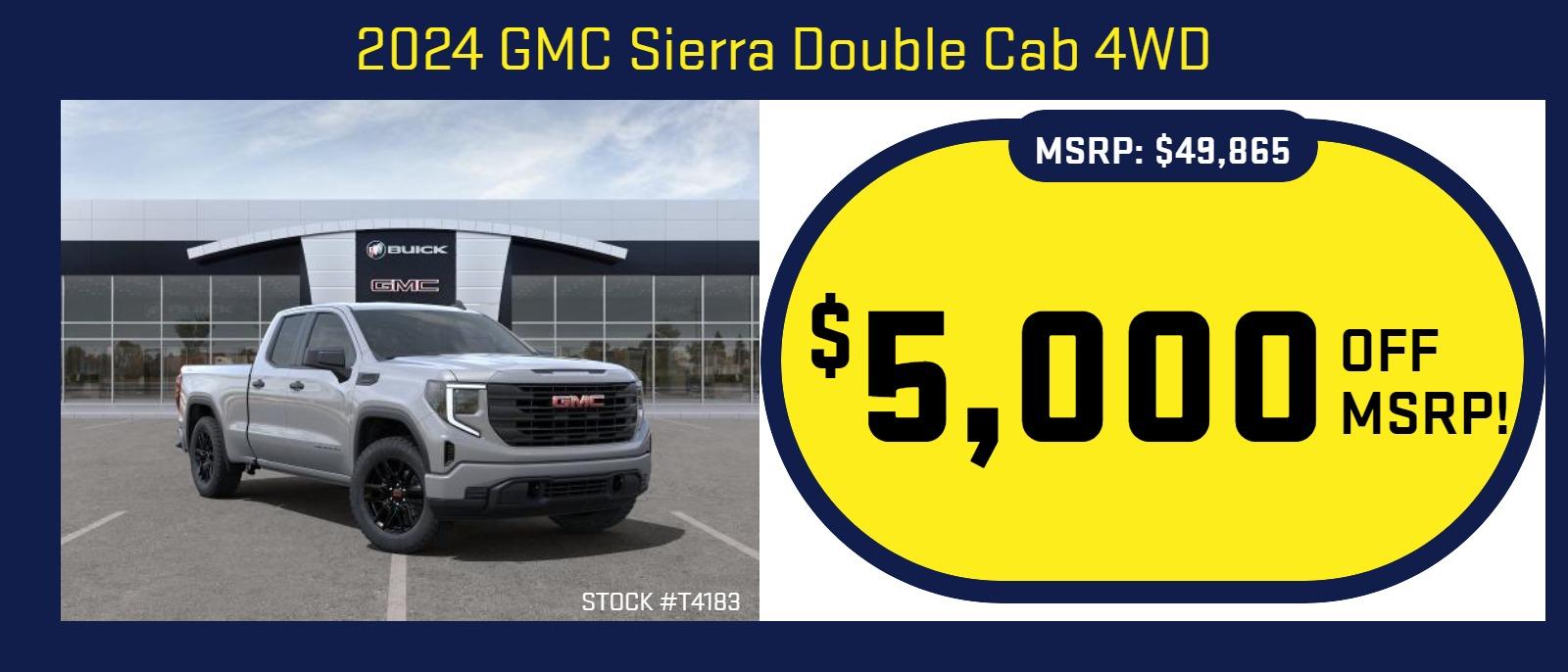 2023 GMC Sierra Double Cab 4WD Elevation 
Stock #T4183

MSRP: $49,865
$5,000 OFF MSRP!
