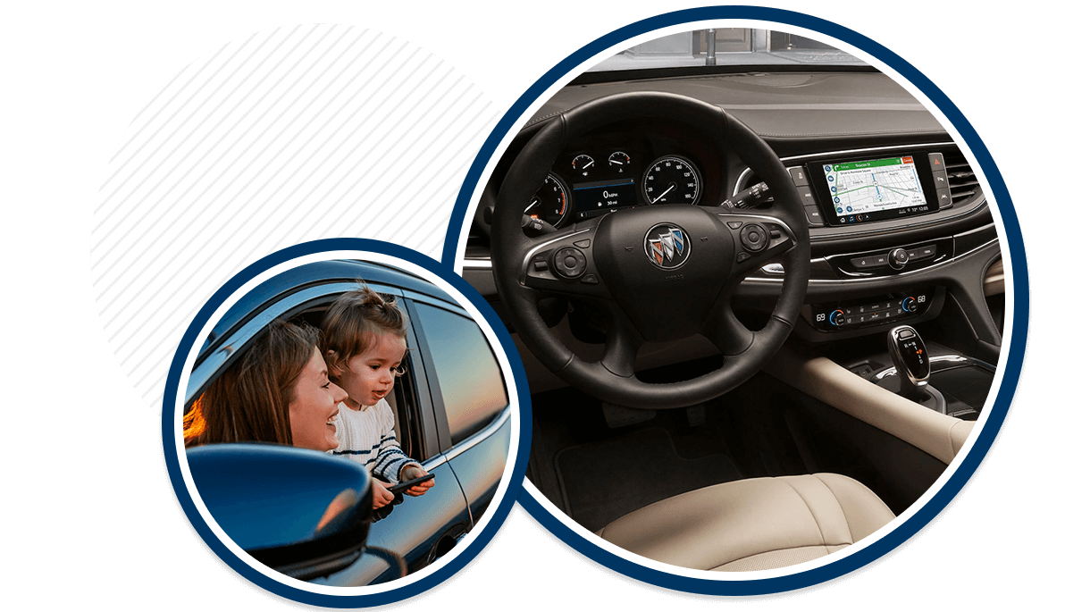 Woman and child looking outside car window and interior of vehicle.