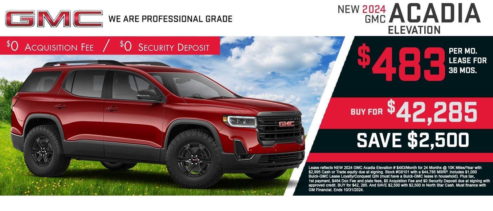 2024 GMC Acadia lease for $483 per month for 36months