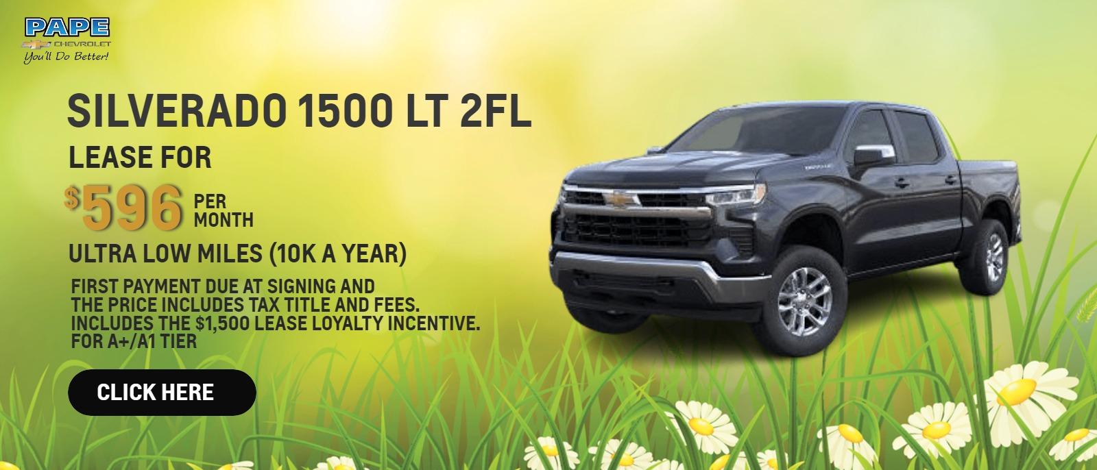 Silverado 1500 LT 2FL". "Lease at $596.00 a month for 36 months". Ultra low miles (10k a year)
First payment due at signing and the price includes tax title and fees. "