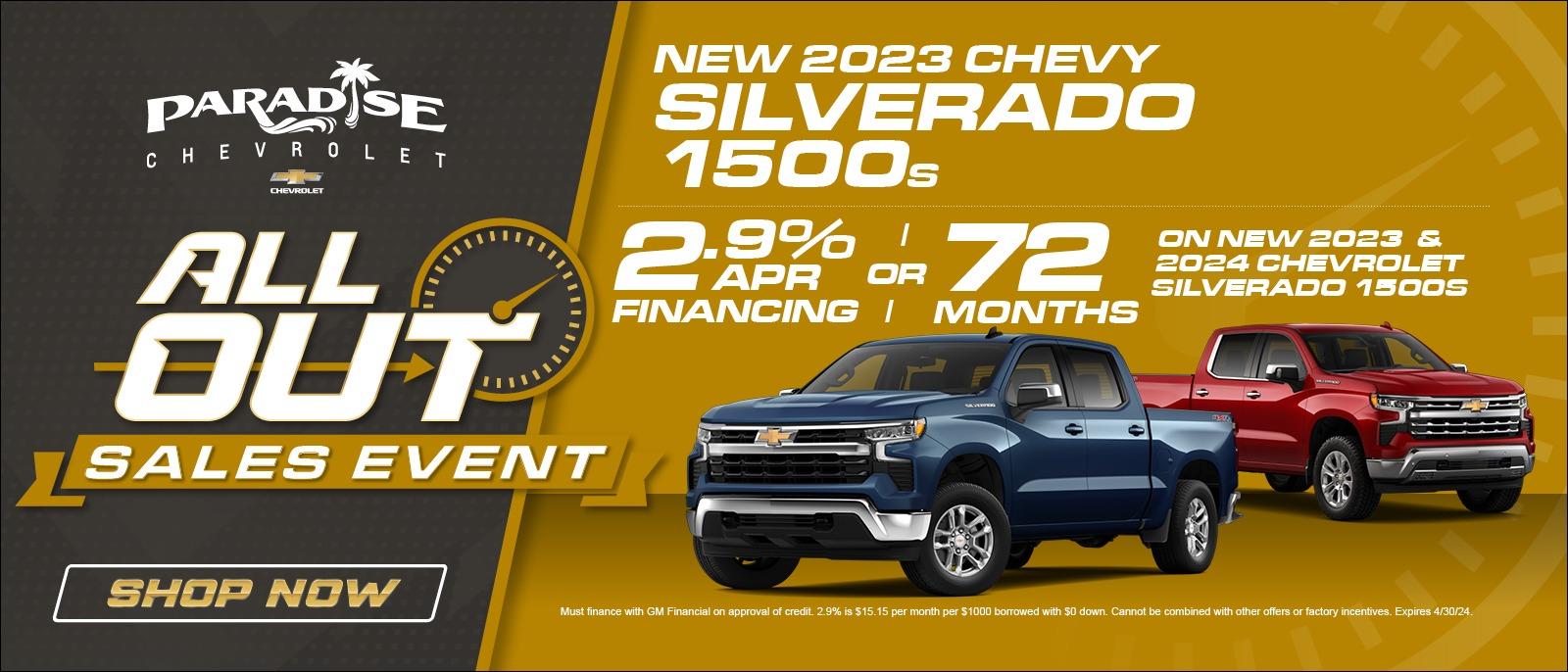 2.9% for up to 72 months on 2023 & 2024 Chevy Silverado 1500s In stock at Paradise